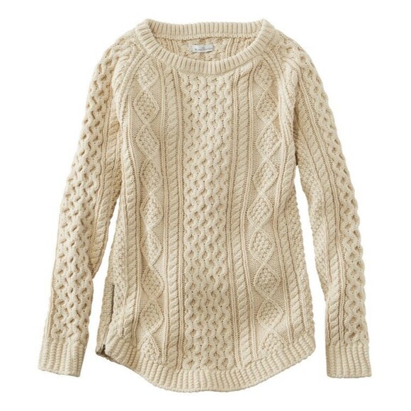 LL Bean Womens Sweater Fisherman Tunic Cable Knit Size XS Cream Ivory - Picture 1 of 7